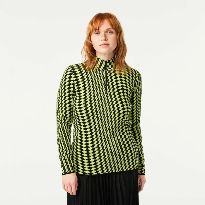 Sweaters and Sweatshirts Women Lacoste Womens TwoTone Jacquard HalfZip Sweater Black Beige Uuj