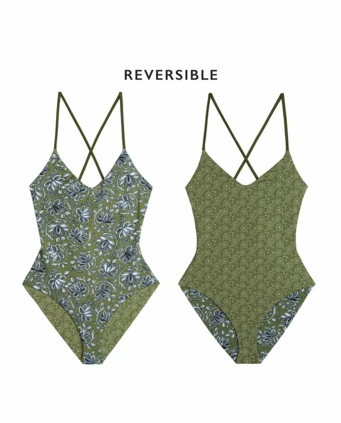 Swim The Great The Reversible Lace Up One Piece Army Oasis Floral And Army Bandana Daisy