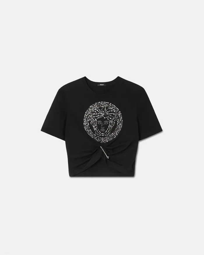 TShirts and Sweatshirts Women Versace Embellished Medusa Safety Pin Crop TShirt Black