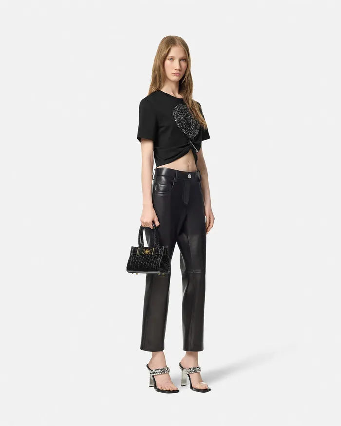 TShirts and Sweatshirts Women Versace Embellished Medusa Safety Pin Crop TShirt Black