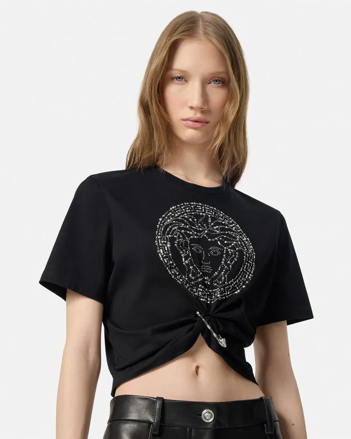 TShirts and Sweatshirts Women Versace Embellished Medusa Safety Pin Crop TShirt Black