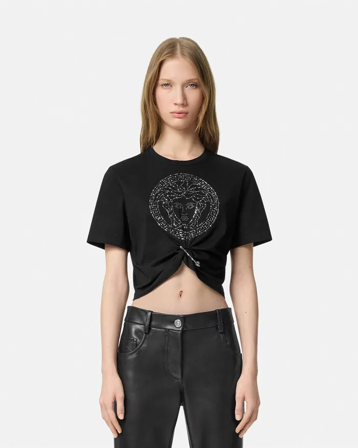 TShirts and Sweatshirts Women Versace Embellished Medusa Safety Pin Crop TShirt Black