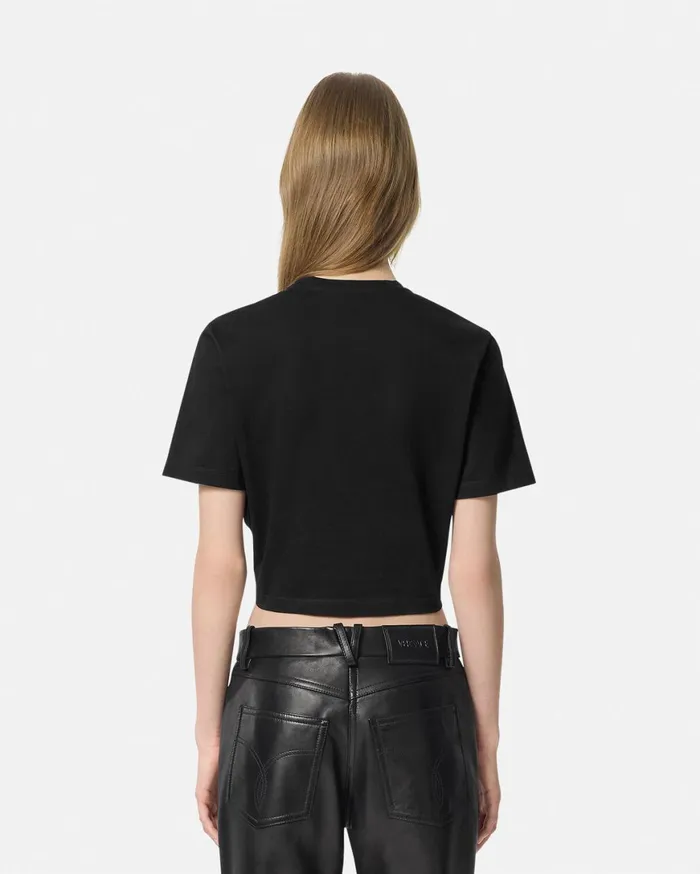 TShirts and Sweatshirts Women Versace Embellished Medusa Safety Pin Crop TShirt Black