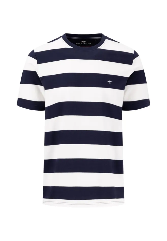 Tshirts Men FYNCHHATTON Striped Tshirt With A Colored LogoTail Navynew Offwhite