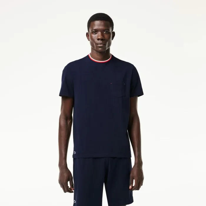 TShirts Men Lacoste Men039s Contrast Neck Pajama Top Navy Blue 166