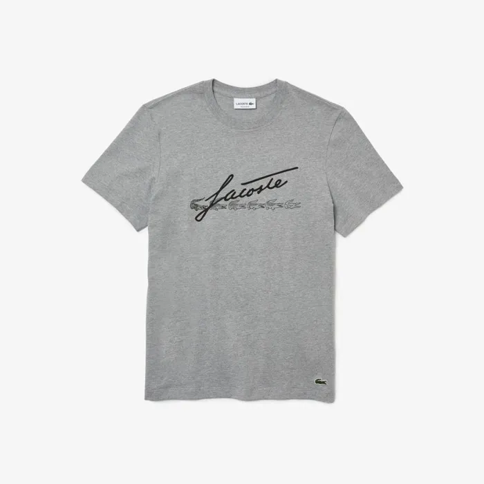 TShirts Men Lacoste Men039s Signature And Crocodile Print Crew Neck Cotton TShirt Grey Chine 4jv
