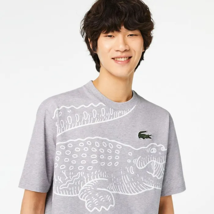 TShirts Men Lacoste Mens Loose Fit Crocodile Print Crew Neck TShirt Grey Chine Cca