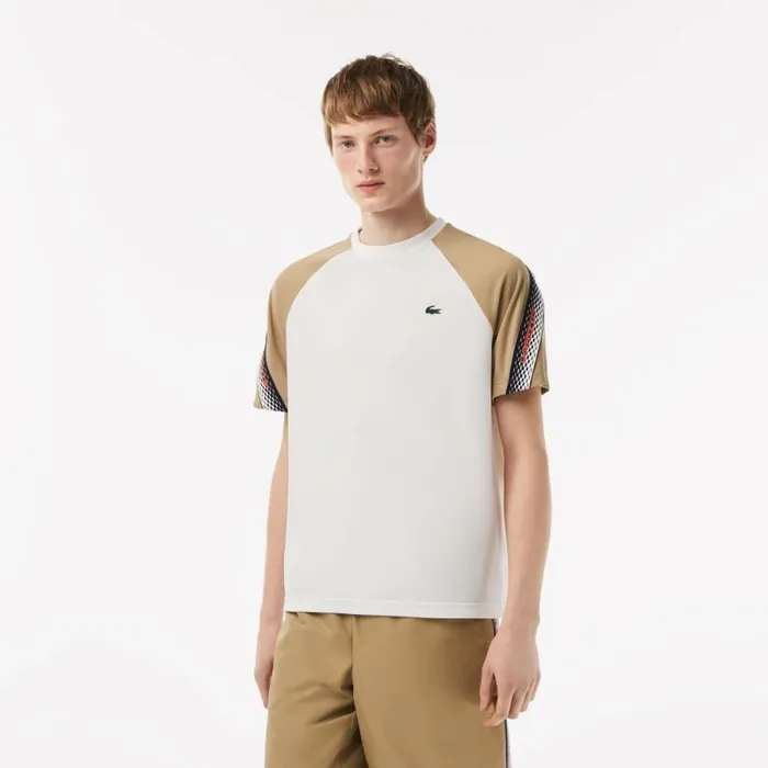 TShirts Men Lacoste Mens SPORT Regular Fit Logo Stripe TShirt White Beige A9c TShirts Men Lacoste Mens SPORT Regular Fit Logo Stripe TShirt White Beige A9c