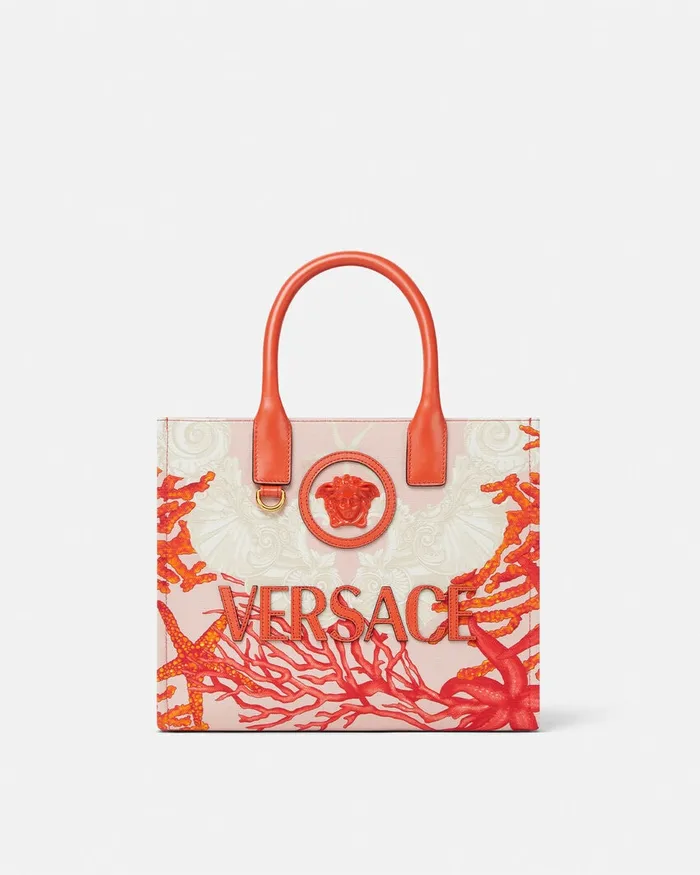 Totes Women Versace La Medusa Barocco Sea Small Canvas Tote Bag Coral