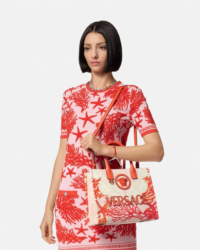 Totes Women Versace La Medusa Barocco Sea Small Canvas Tote Bag Coral