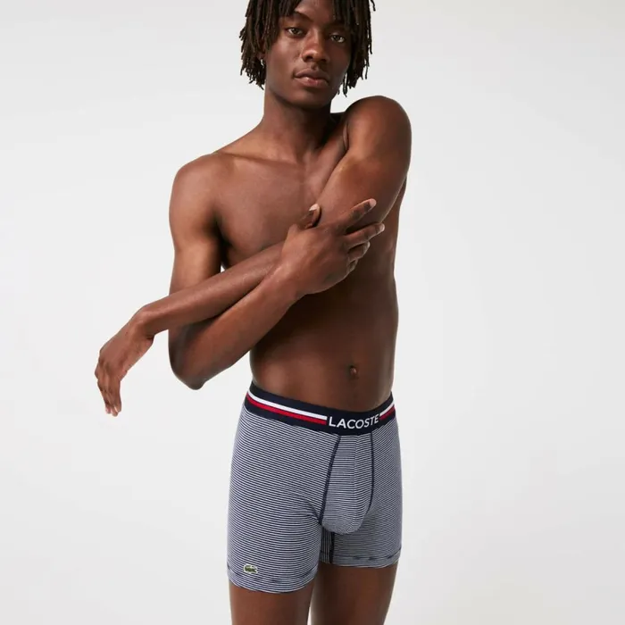 Underwear and Socks Men Lacoste Mens Long Stretch Cotton Jersey Boxer Brief 3Pack Navy Blue White 525