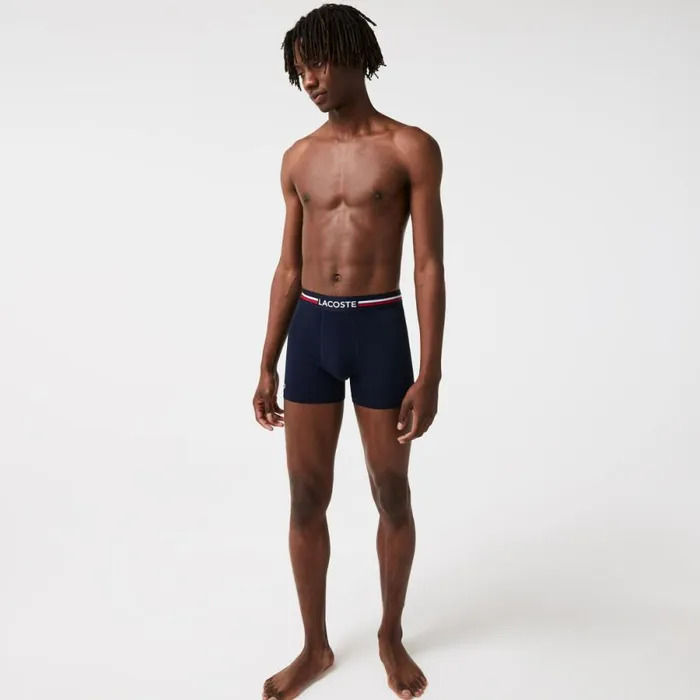 Underwear and Socks Men Lacoste Mens Long Stretch Cotton Jersey Boxer Brief 3Pack Navy Blue White 525