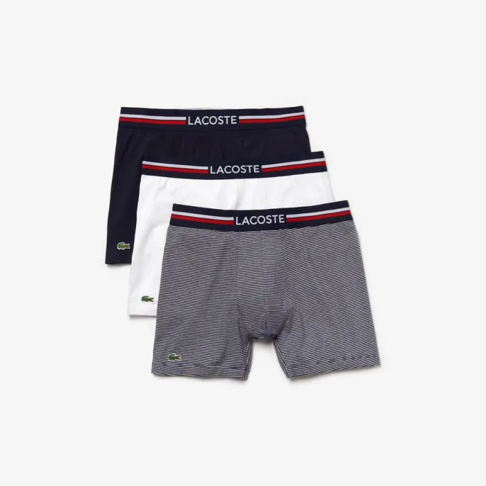 Underwear and Socks Men Lacoste Mens Long Stretch Cotton Jersey Boxer Brief 3Pack Navy Blue White 525