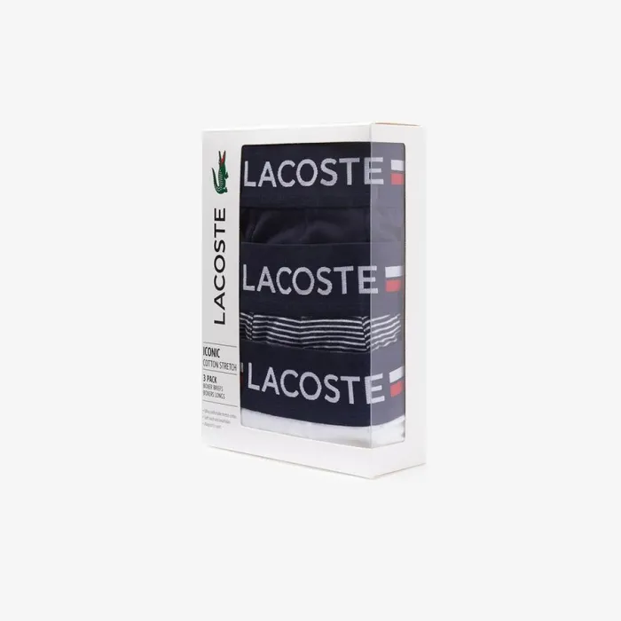 Underwear and Socks Men Lacoste Mens Long Stretch Cotton Jersey Boxer Brief 3Pack Navy Blue White 525