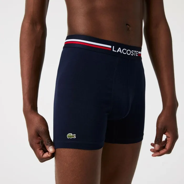 Underwear and Socks Men Lacoste Mens Long Stretch Cotton Jersey Boxer Brief 3Pack Navy Blue White 525