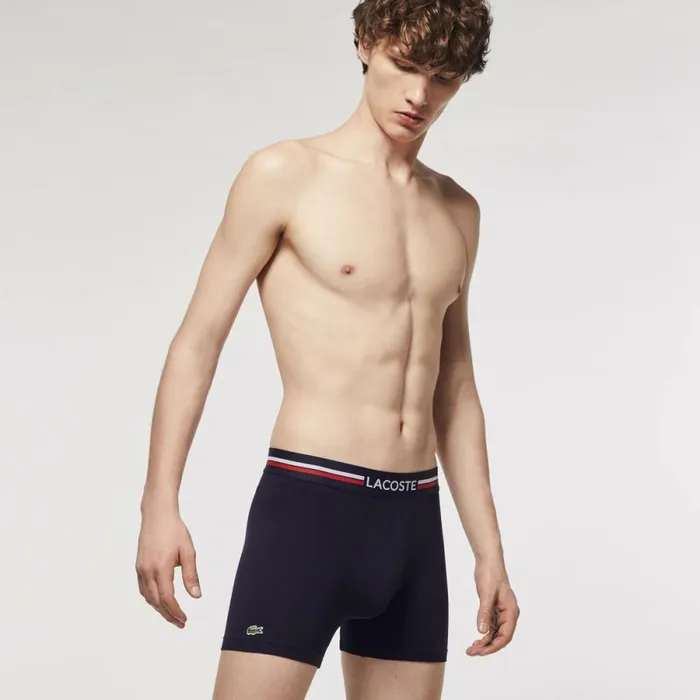 Underwear and Socks Men Lacoste Mens Long Stretch Cotton Jersey Boxer Brief 3Pack Navy Blue White 525