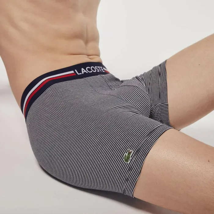 Underwear and Socks Men Lacoste Mens Long Stretch Cotton Jersey Boxer Brief 3Pack Navy Blue White 525