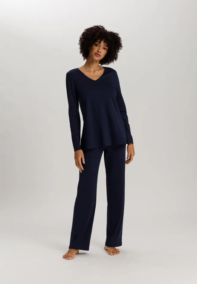 VNeck Cotton Pajama Set Deep Navy Women HANRO Pajama Sets