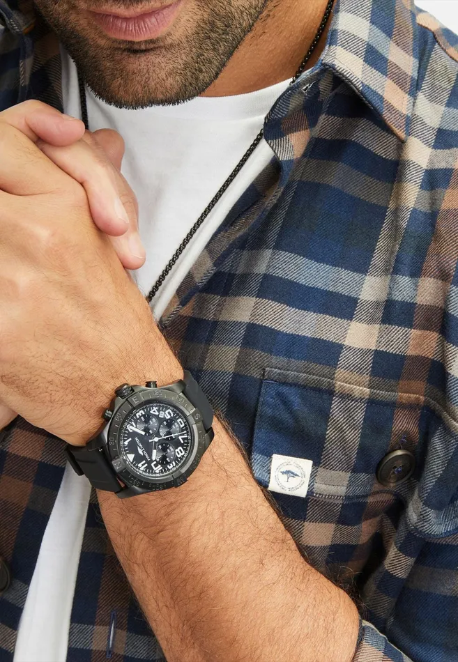 Watch Men FYNCHHATTON Stainless Steel Watch With Chronograph Function And Silicone Strap Black