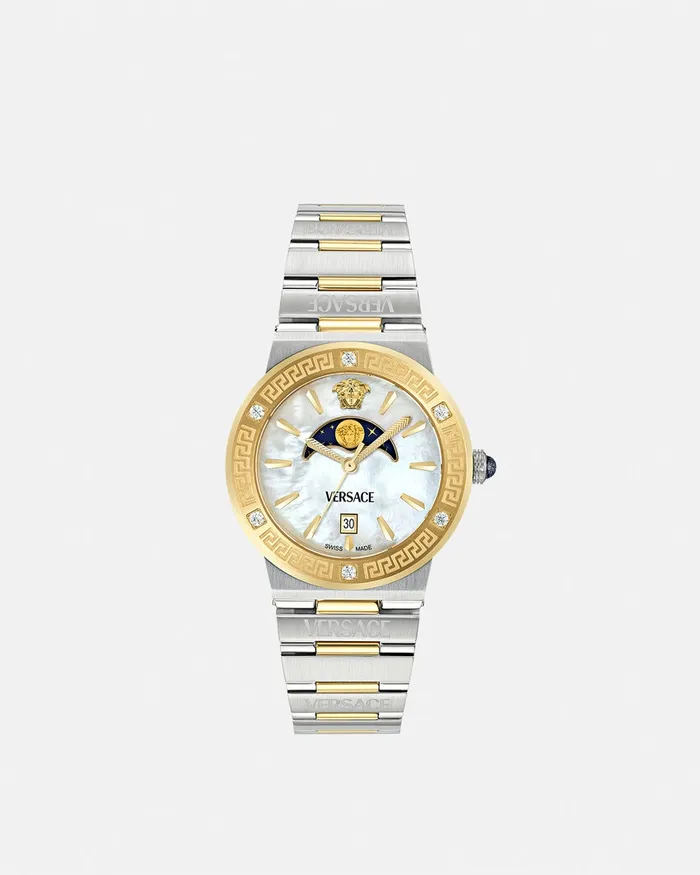 Watches Women Versace Greca Logo Moonphase Diamond Watch Silvergold