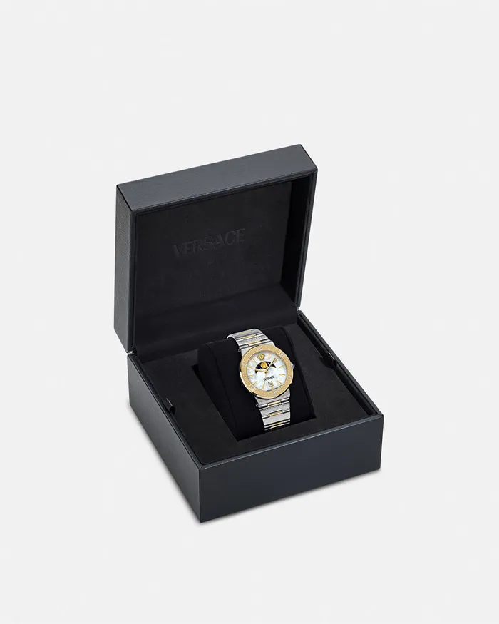 Watches Women Versace Greca Logo Moonphase Diamond Watch Silvergold