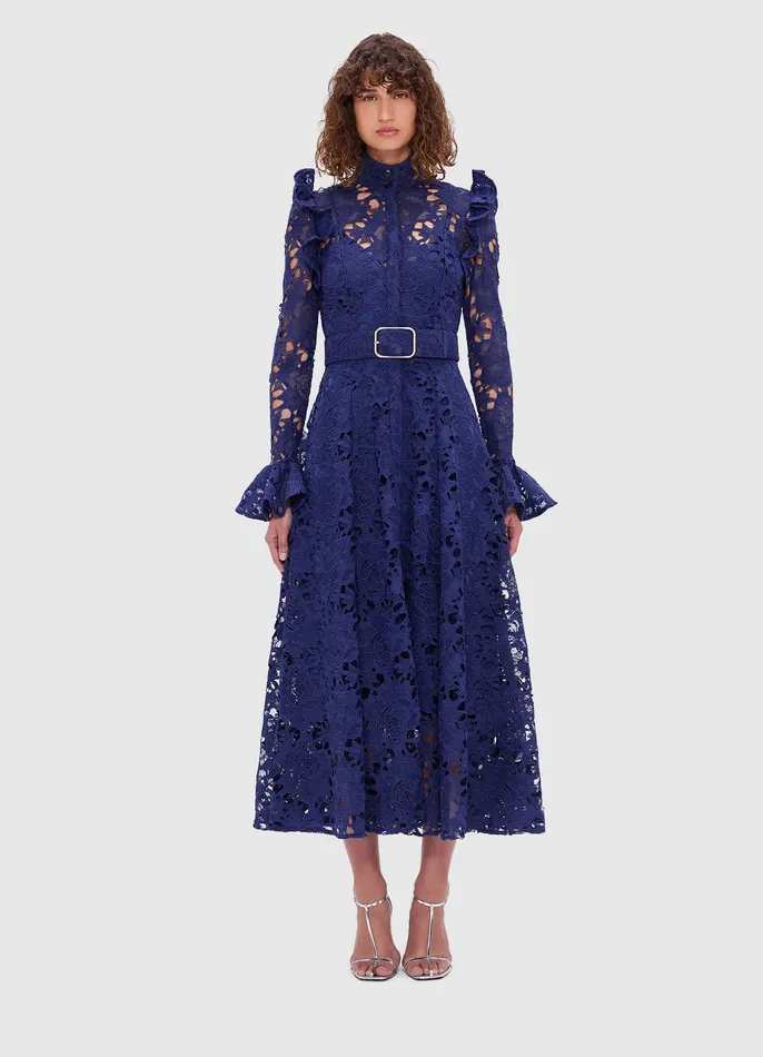Women Aliyah Lace Butterfly Sleeve Midi Dress 8211 Oxford Blue Dresses and Jumpsuits LEO LIN