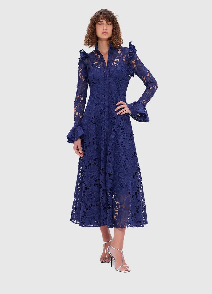 Women Aliyah Lace Butterfly Sleeve Midi Dress 8211 Oxford Blue Dresses and Jumpsuits LEO LIN