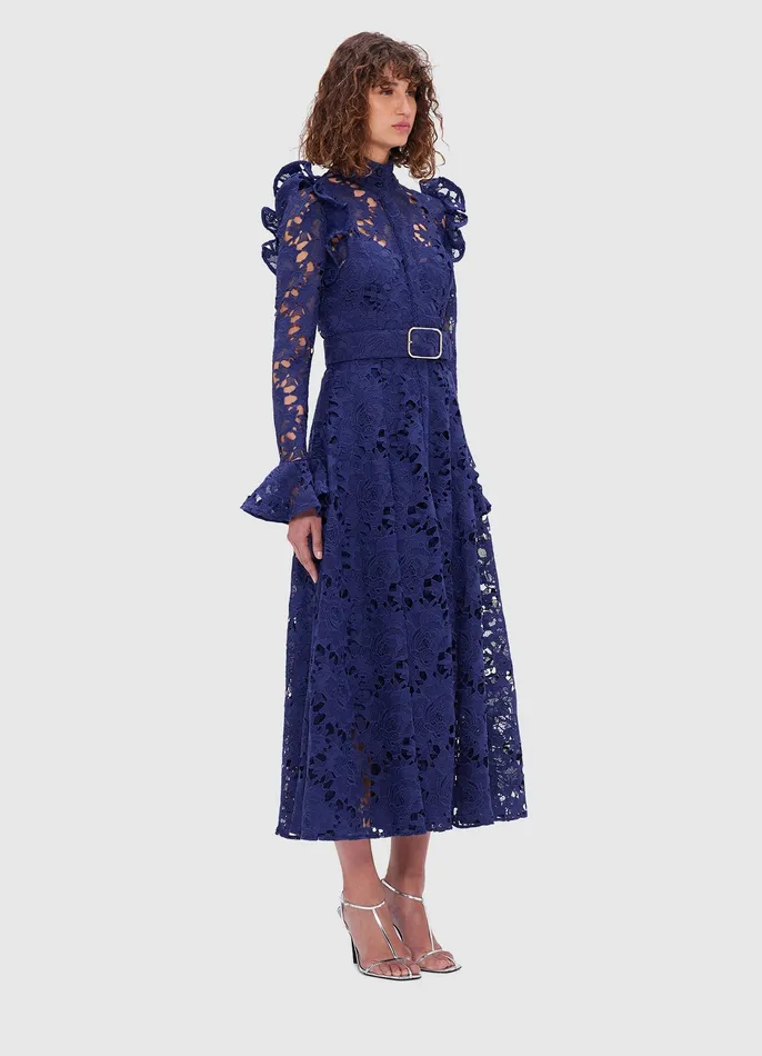 Women Aliyah Lace Butterfly Sleeve Midi Dress 8211 Oxford Blue Dresses and Jumpsuits LEO LIN