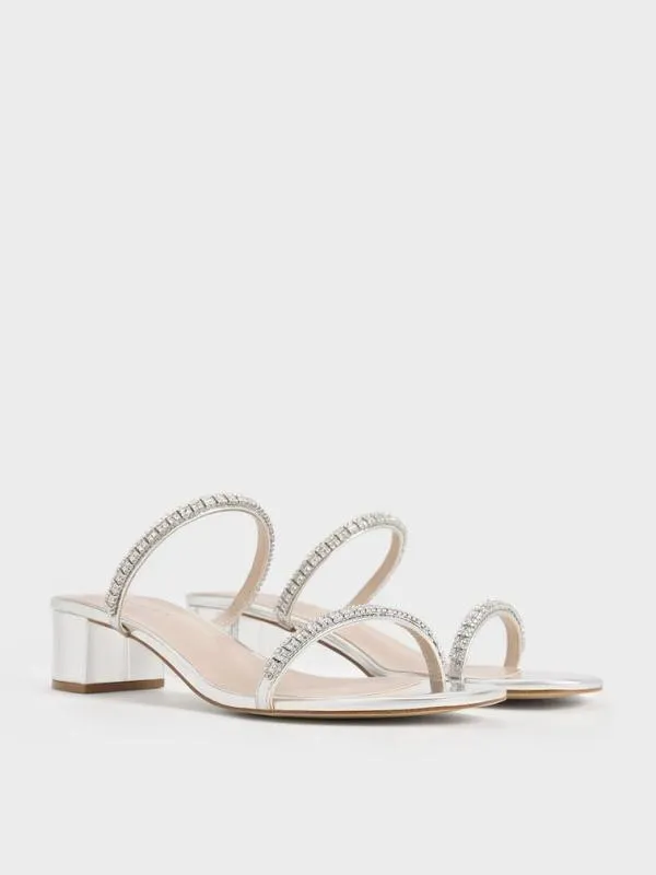 Women Ambrosia Metallic GemEmbellished Mules 8211 Silver CHARLES and KEITH Heels