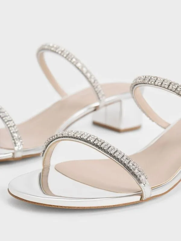 Women Ambrosia Metallic GemEmbellished Mules 8211 Silver CHARLES and KEITH Heels