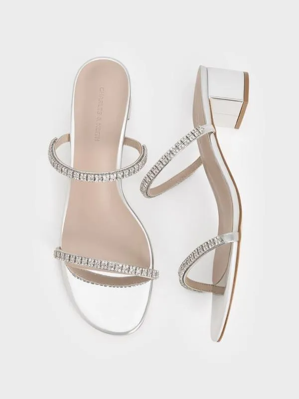 Women Ambrosia Metallic GemEmbellished Mules 8211 Silver CHARLES and KEITH Heels