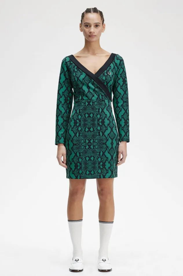 Women Amy Winehouse FoundationOfftheShoulder Snakeprint Dress Deep Mint Fred Perry Dresses
