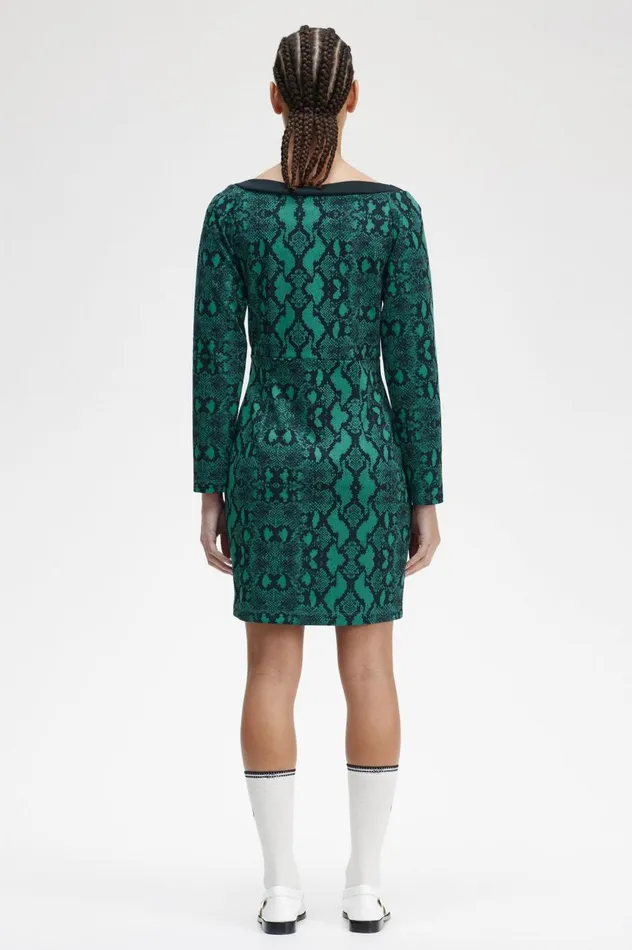 Women Amy Winehouse FoundationOfftheShoulder Snakeprint Dress Deep Mint Fred Perry Dresses