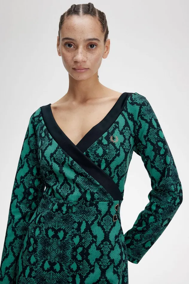 Women Amy Winehouse FoundationOfftheShoulder Snakeprint Dress Deep Mint Fred Perry Dresses