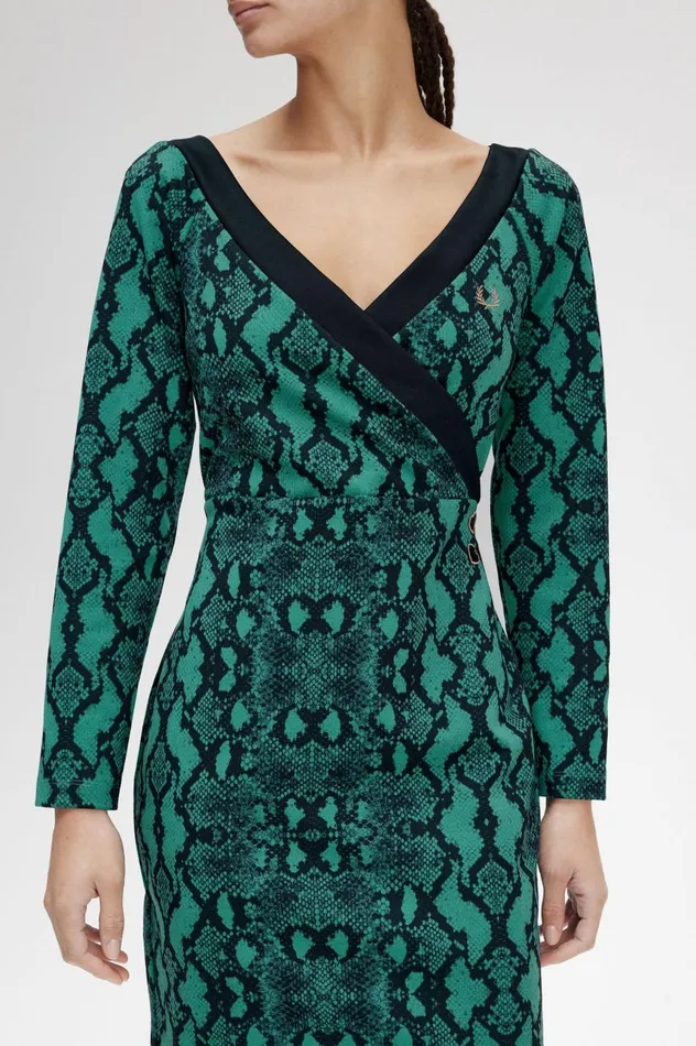 Women Amy Winehouse FoundationOfftheShoulder Snakeprint Dress Deep Mint Fred Perry Dresses