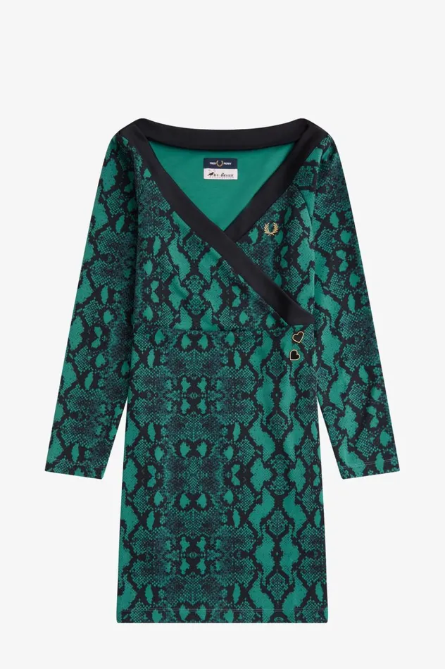 Women Amy Winehouse FoundationOfftheShoulder Snakeprint Dress Deep Mint Fred Perry Dresses