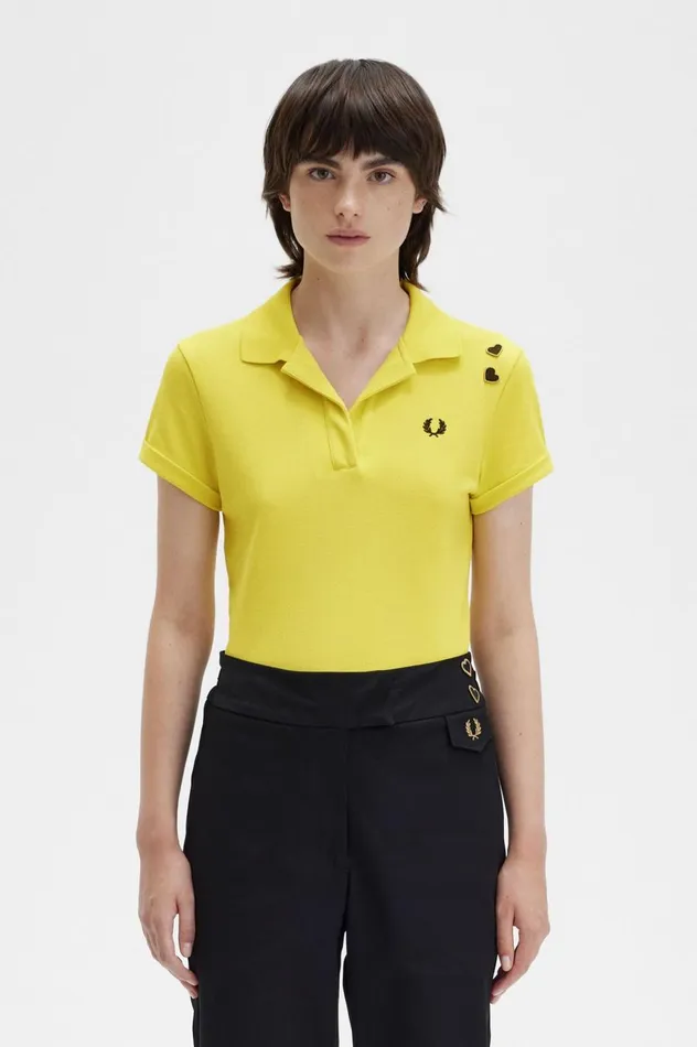 Women Amy Winehouse FoundationOpen Collar Piqu Shirt Yellow Pop Fred Perry Polo Shirts