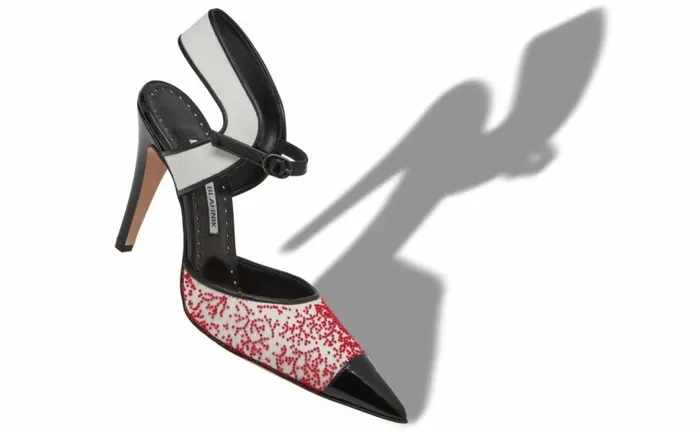 Women Black And Cream Linen Ankle Strap Pumps Manolo Blahnik Pumps