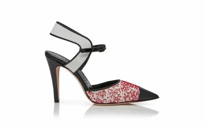 Women Black And Cream Linen Ankle Strap Pumps Manolo Blahnik Pumps