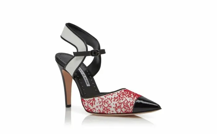 Women Black And Cream Linen Ankle Strap Pumps Manolo Blahnik Pumps