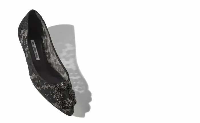 Women Black Lace Jewel Buckle Flats Manolo Blahnik Flats
