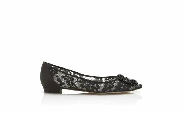 Women Black Lace Jewel Buckle Flats Manolo Blahnik Flats