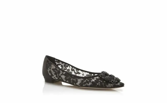 Women Black Lace Jewel Buckle Flats Manolo Blahnik Flats