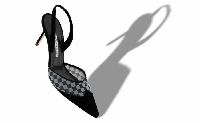 Women Black Mesh Checkered Slingback Mules Manolo Blahnik Pumps