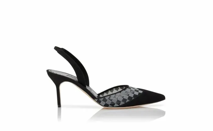 Women Black Mesh Checkered Slingback Mules Manolo Blahnik Pumps