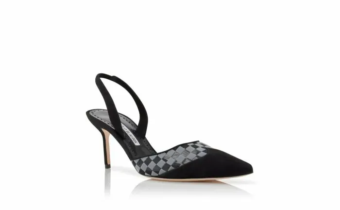 Women Black Mesh Checkered Slingback Mules Manolo Blahnik Pumps