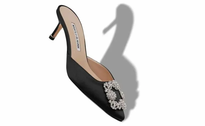 Women Black Satin Jewel Buckle Mules Manolo Blahnik Mules