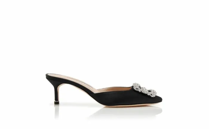 Women Black Satin Jewel Buckle Mules Manolo Blahnik Mules