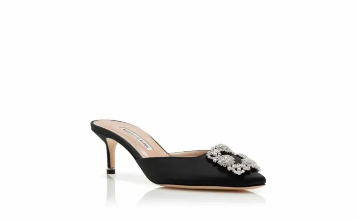 Women Black Satin Jewel Buckle Mules Manolo Blahnik Mules