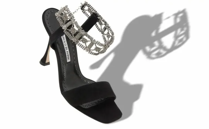 Women Black Suede Embellished Ankle Strap Sandals Manolo Blahnik Sandals
